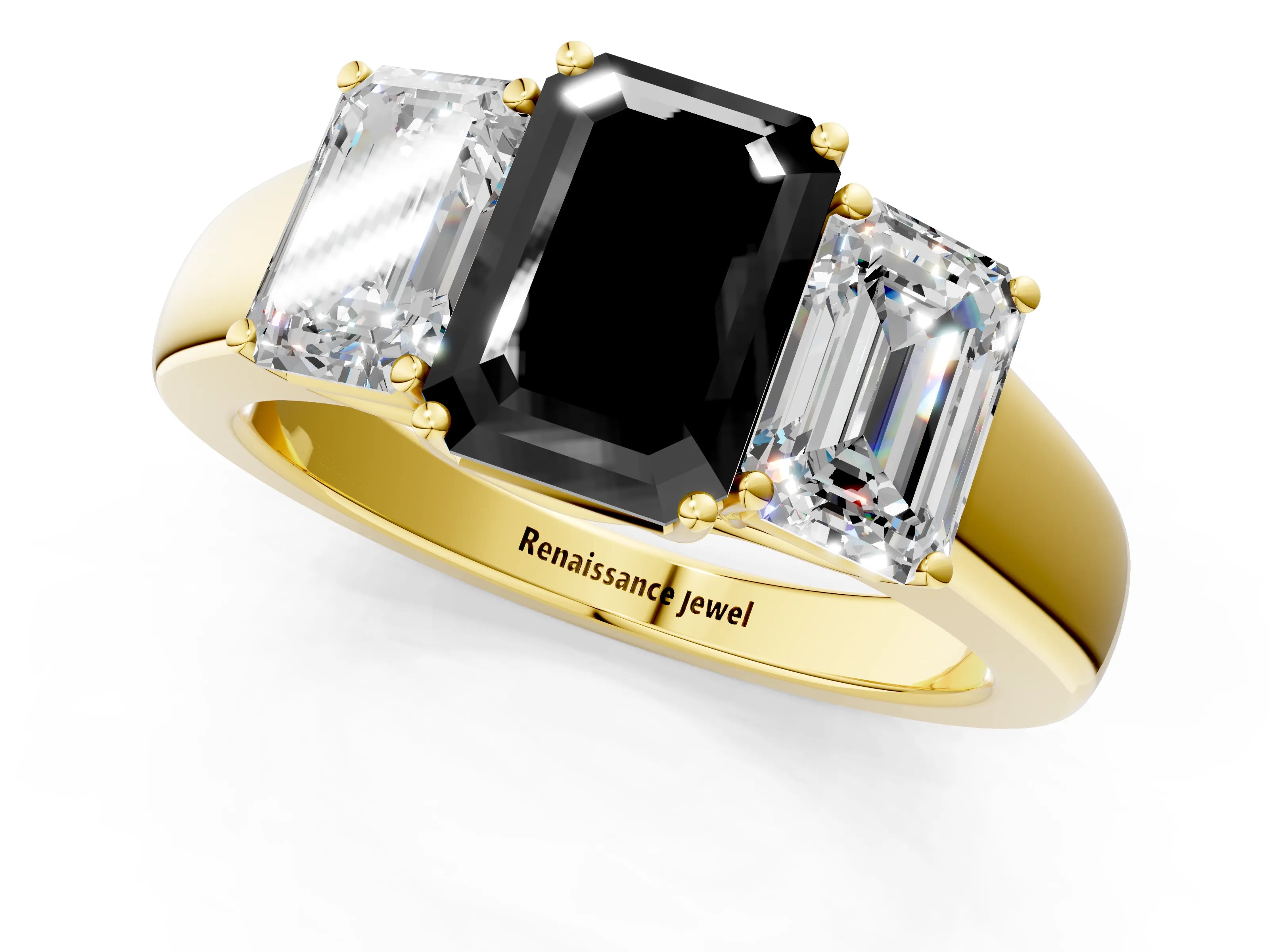 Yellow gold Three-Stone Fancy Black Emerald Cut Cut Diamond Ring with Prong Setting and Classic Band_1