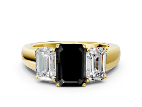 Yellow gold Three-Stone Fancy Black Emerald Cut Cut Diamond Ring with Prong Setting and Classic Band