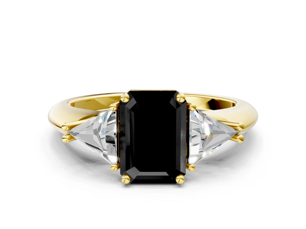 Yellow Gold Emerald Cut Trillion Three Stone Engagement Ring Setting for Black Center