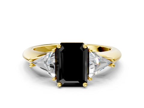 Yellow gold Three-Stone Fancy Black Emerald Cut Cut Diamond Ring with Trillion Side Stones and Four-Prong Setting_3