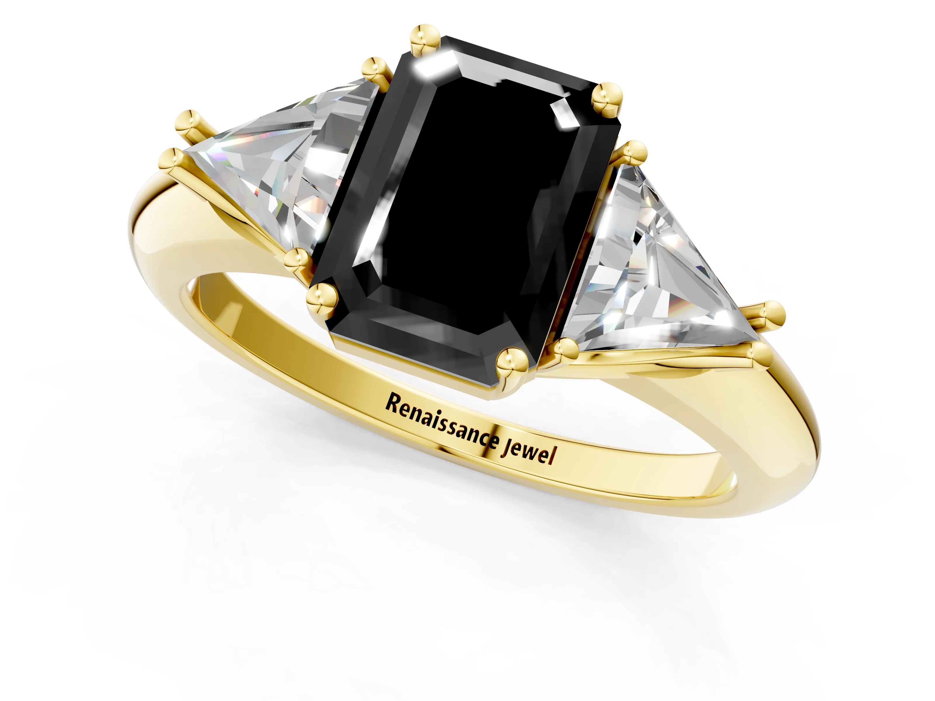 Yellow gold Three-Stone Fancy Black Emerald Cut Cut Diamond Ring with Trillion Side Stones and Four-Prong Setting_4