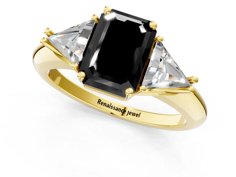 Yellow gold Three-Stone Fancy Black Emerald Cut Cut Diamond Ring with Trillion Side Stones and Four-Prong Setting_4