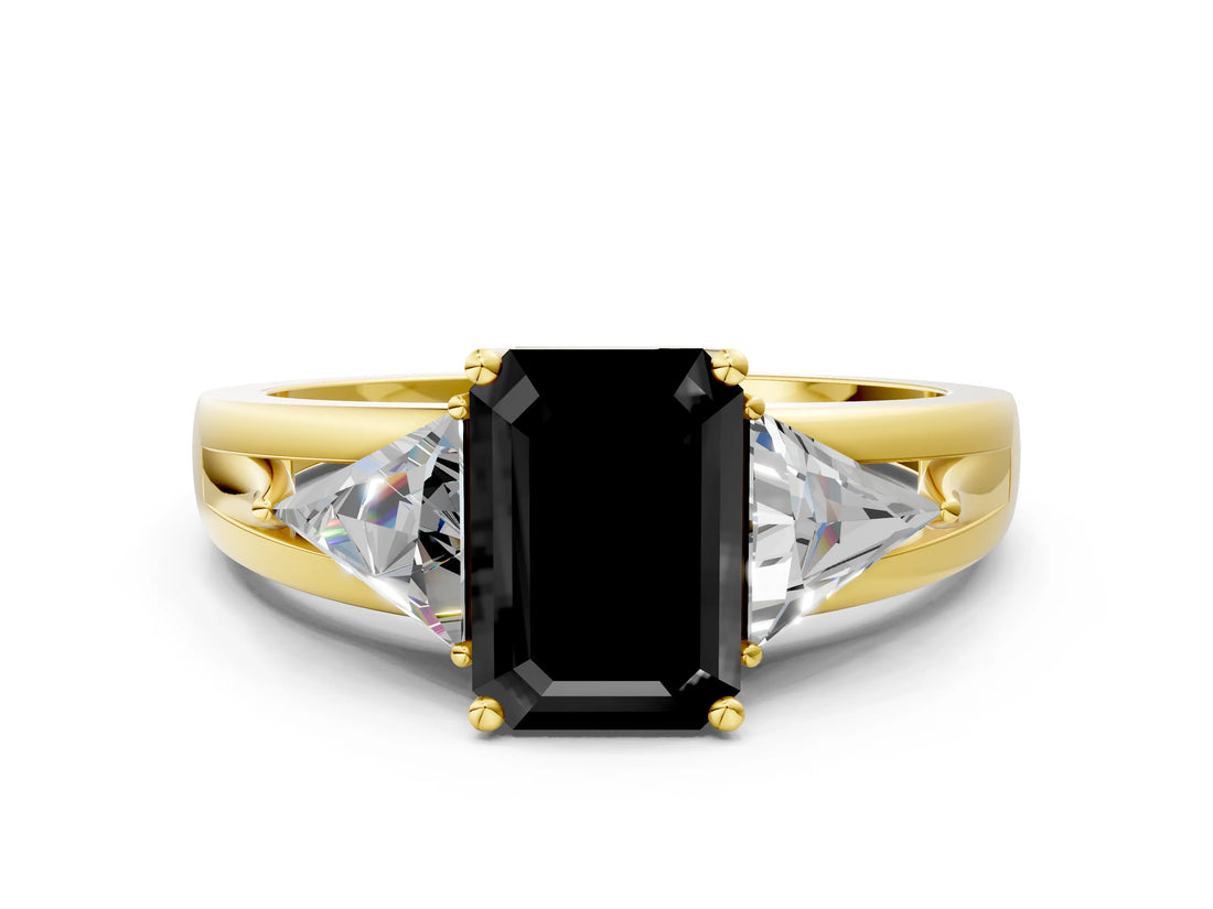Yellow gold Three-Stone Fancy Black Emerald Cut Cut Diamond Ring with Trillion Side Stones on a Split Shank Band