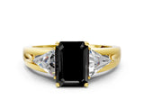 Yellow gold Three-Stone Fancy Black Emerald Cut Cut Diamond Ring with Trillion Side Stones on a Split Shank Band