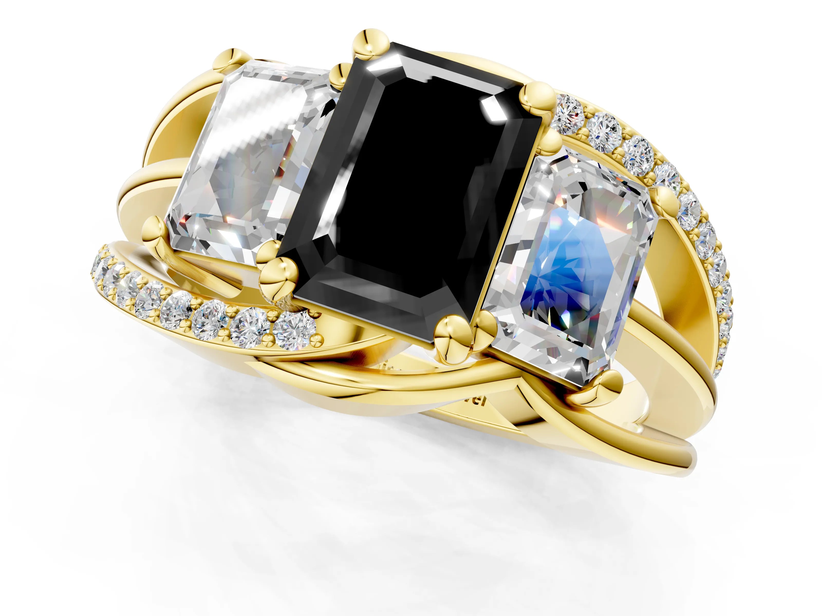 Yellow gold Three-Stone Fancy Black Emerald Cut Cut Diamond Split Shank Prong Set Ring_13