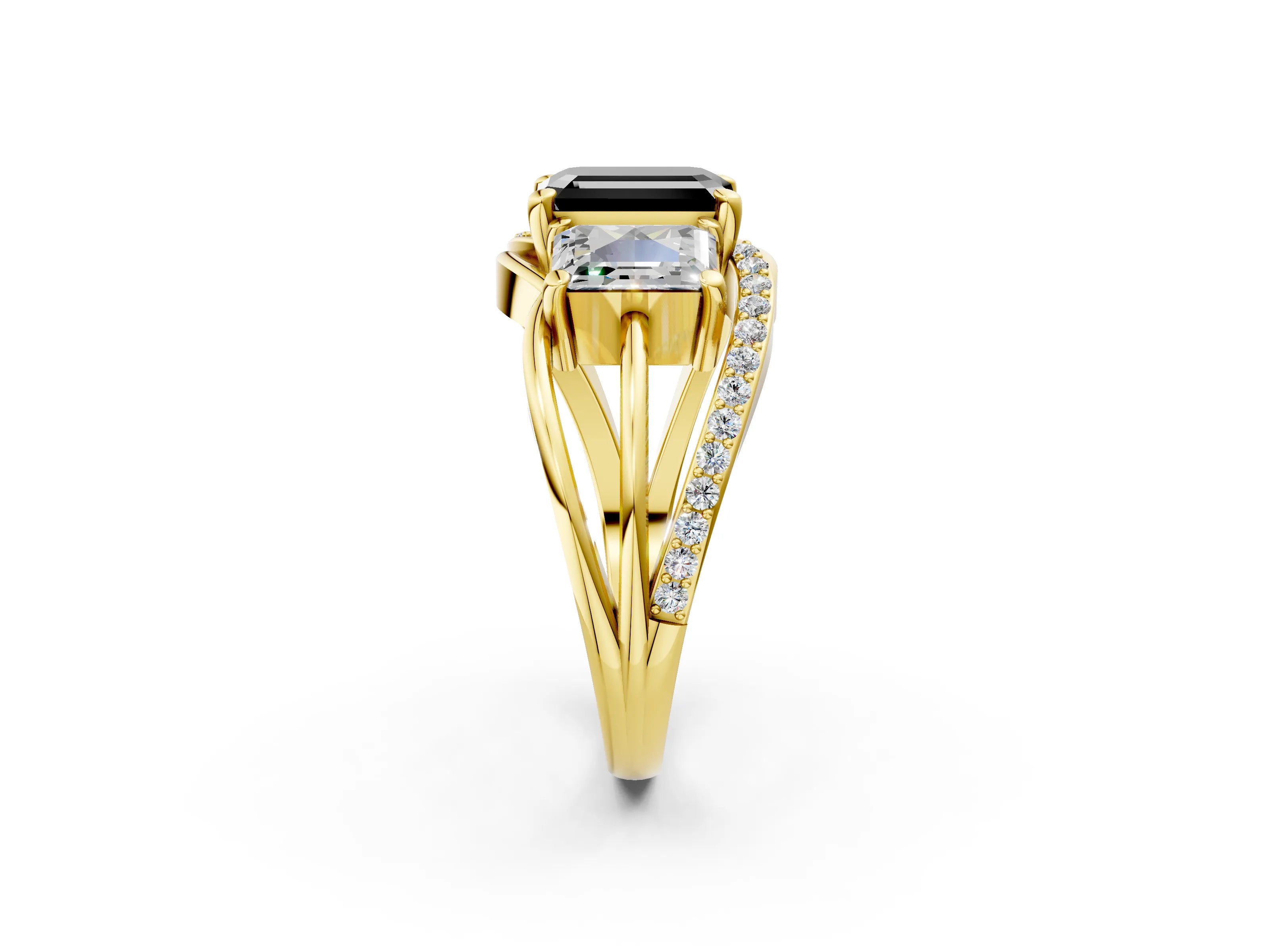Yellow gold Three-Stone Fancy Black Emerald Cut Cut Diamond Split Shank Prong Set Ring_14