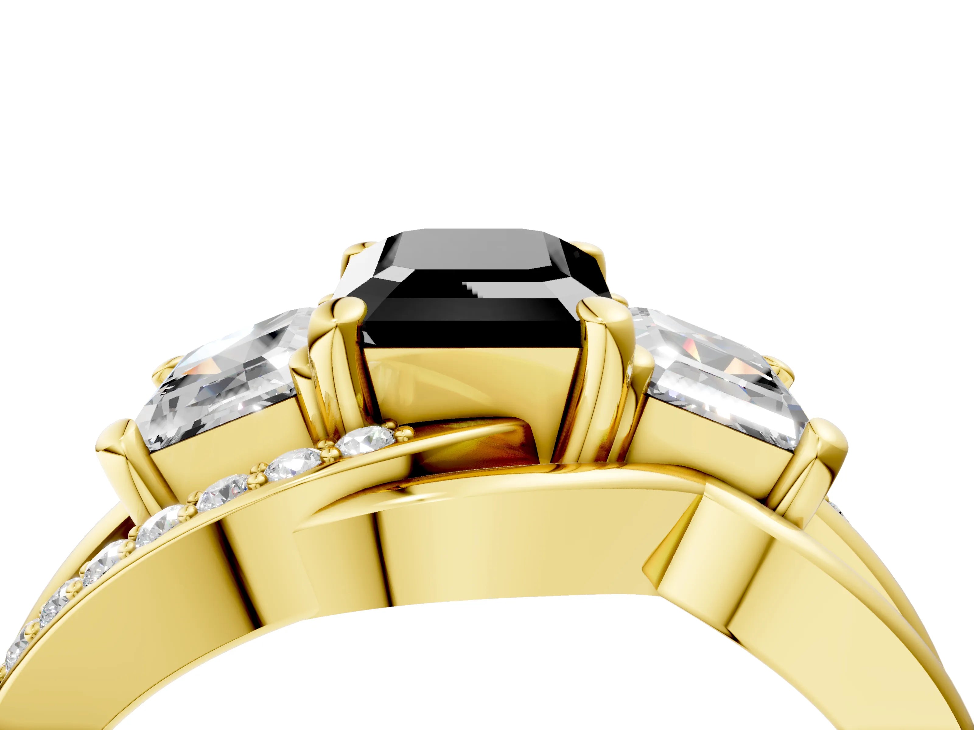 Yellow gold Three-Stone Fancy Black Emerald Cut Cut Diamond Split Shank Prong Set Ring_16