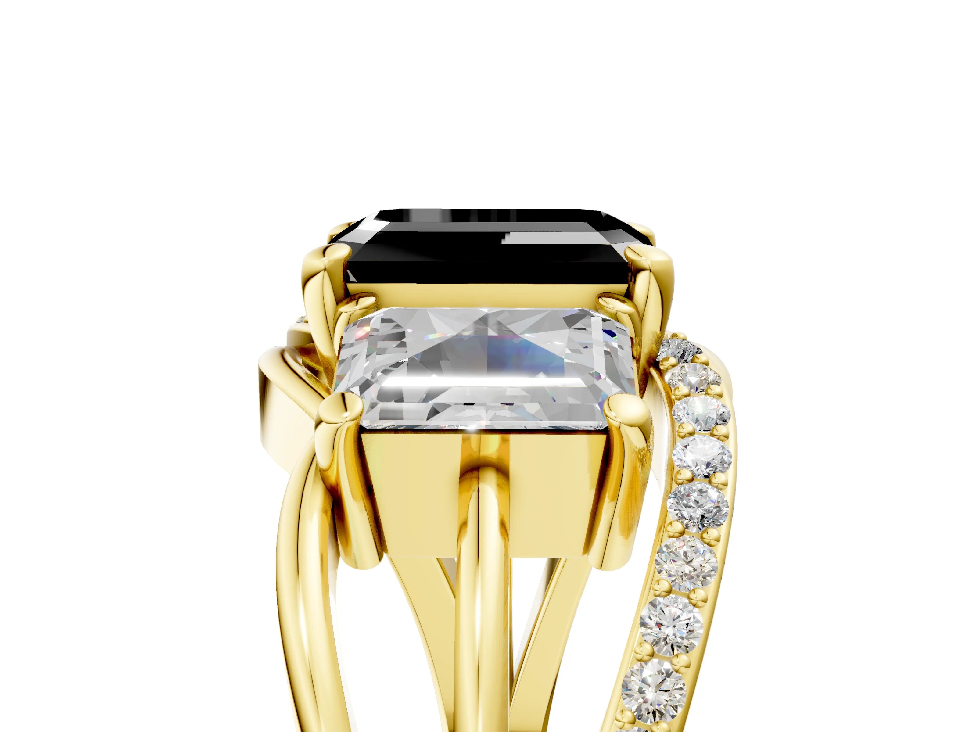 Yellow gold Three-Stone Fancy Black Emerald Cut Cut Diamond Split Shank Prong Set Ring_17