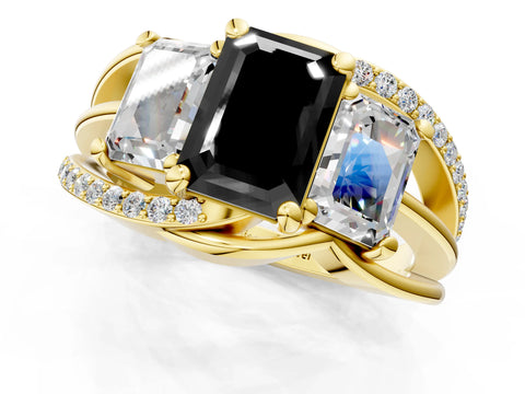 Yellow gold Three-Stone Fancy Black Emerald Cut Cut Diamond Split Shank Prong Set Ring_1