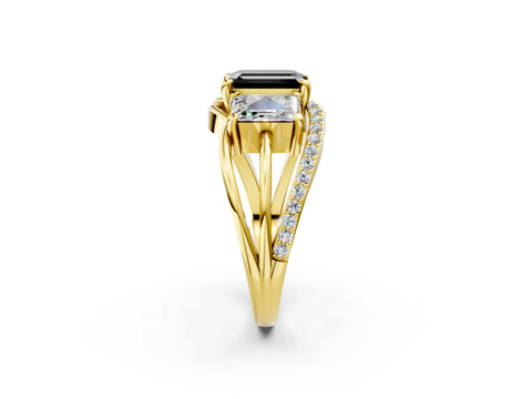 Yellow gold Three-Stone Fancy Black Emerald Cut Cut Diamond Split Shank Prong Set Ring_2