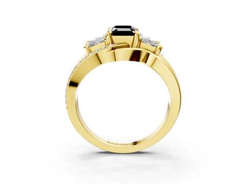 Yellow gold Three-Stone Fancy Black Emerald Cut Cut Diamond Split Shank Prong Set Ring_3