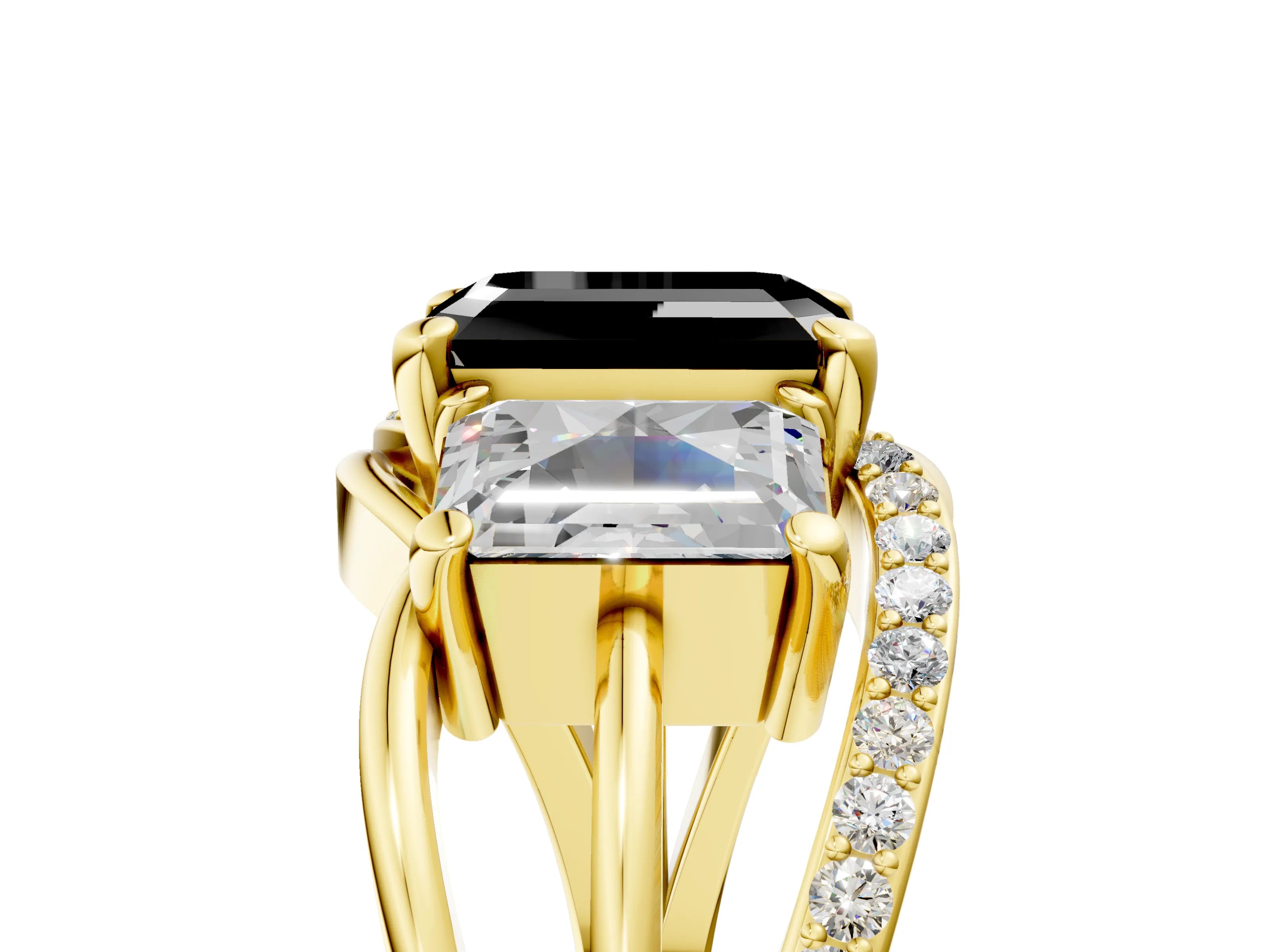 Yellow gold Three-Stone Fancy Black Emerald Cut Cut Diamond Split Shank Prong Set Ring_5