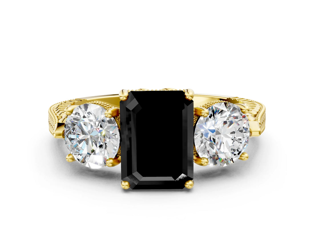 Yellow gold Three-Stone Fancy Black Emerald Cut Cut Milgrain Band Prong Setting Ring