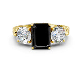 Yellow gold Three-Stone Fancy Black Emerald Cut Cut Milgrain Band Prong Setting Ring