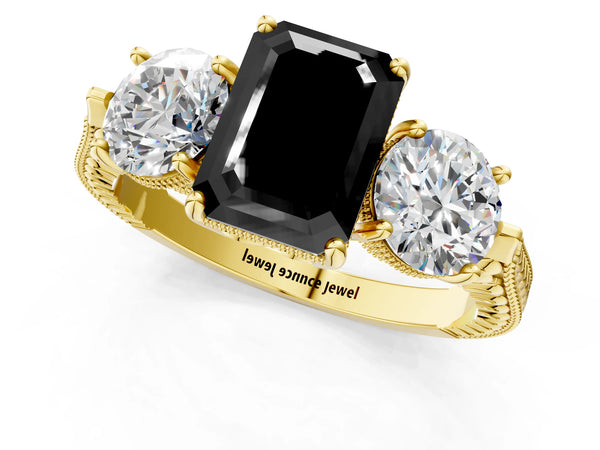 Yellow Gold Emerald Cut Vintage Three Stone Engagement Ring Setting for Black Center