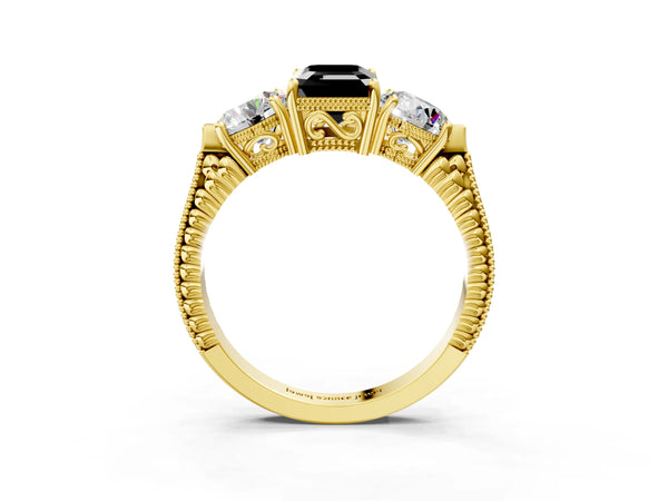 Yellow Gold Emerald Cut Vintage Three Stone Engagement Ring Setting for Black Center