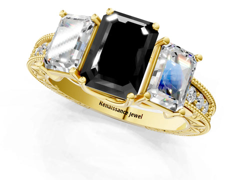 Yellow gold Three-Stone Fancy Black Emerald Cut Cut Milgrain Pavé Engagement Ring_1