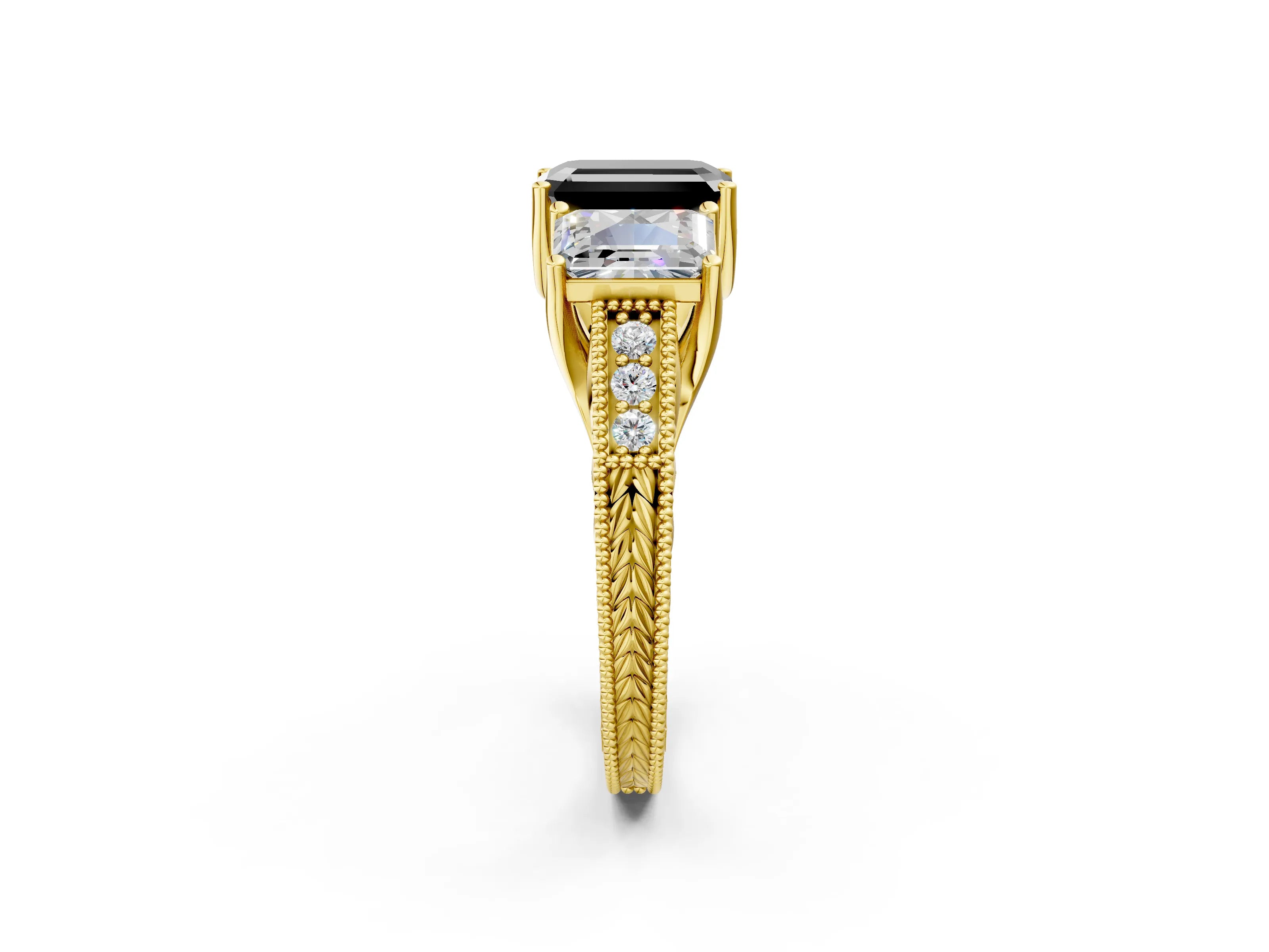 Yellow gold Three-Stone Fancy Black Emerald Cut Cut Milgrain Pavé Engagement Ring_2