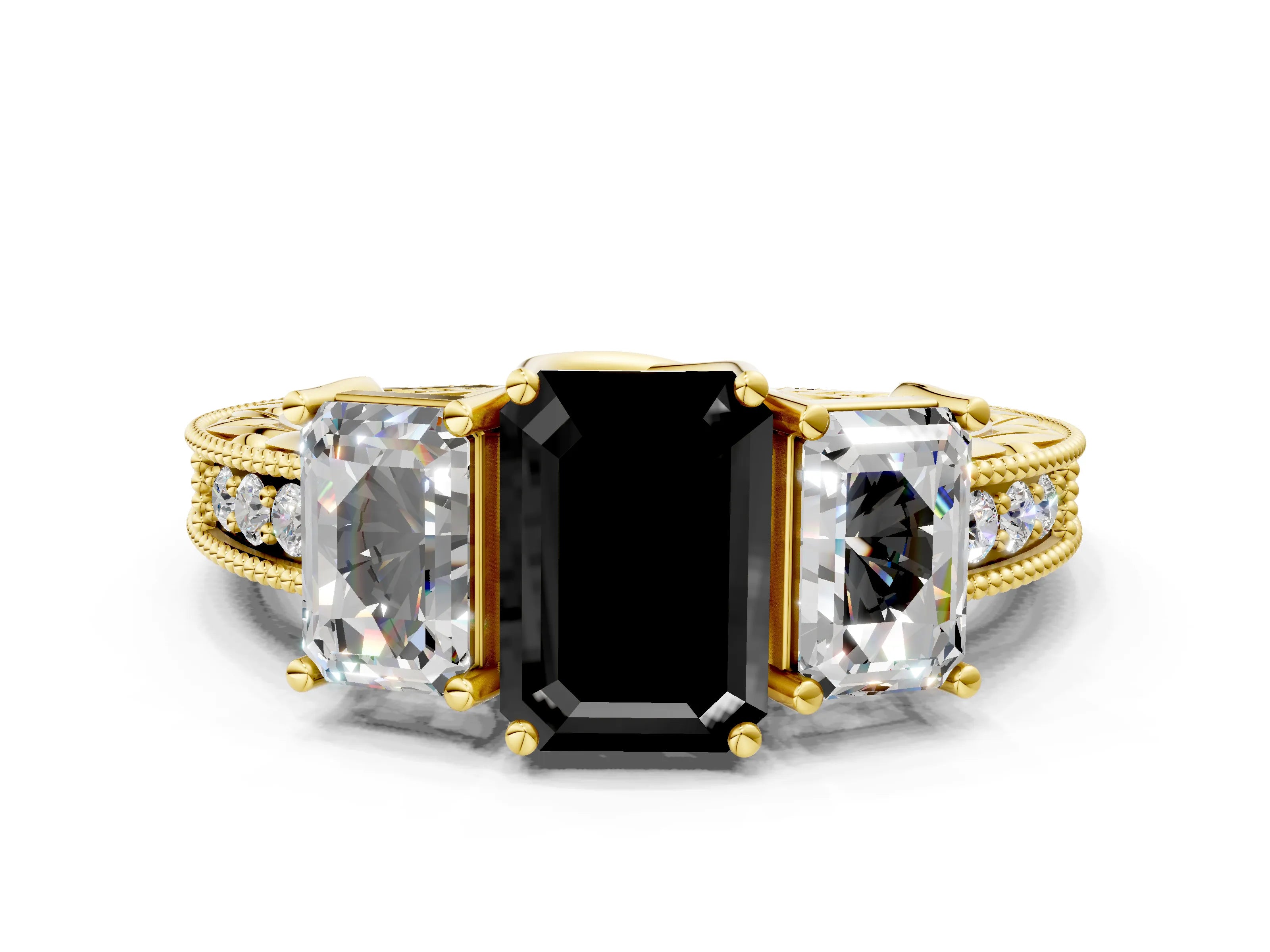 Yellow gold Three-Stone Fancy Black Emerald Cut Cut Milgrain Pavé Engagement Ring_24