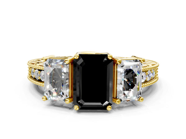 Yellow Gold Emerald Cut Engraved Three Stone Engagement Ring Setting for Black Center