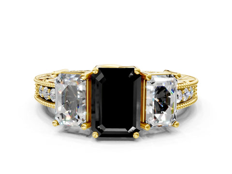 Yellow gold Three-Stone Fancy Black Emerald Cut Cut Milgrain Pavé Engagement Ring_24