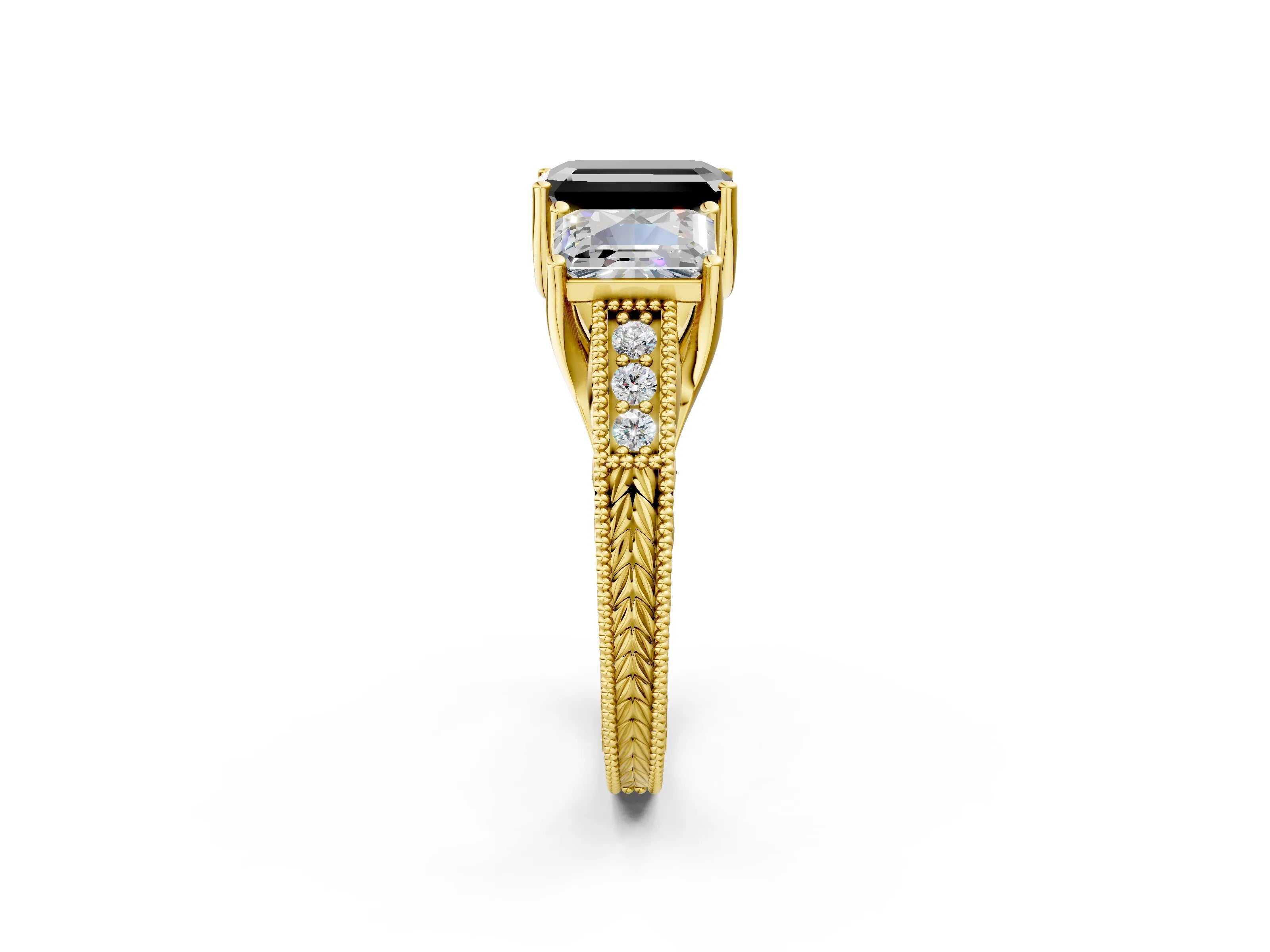 Yellow gold Three-Stone Fancy Black Emerald Cut Cut Milgrain Pavé Engagement Ring_26