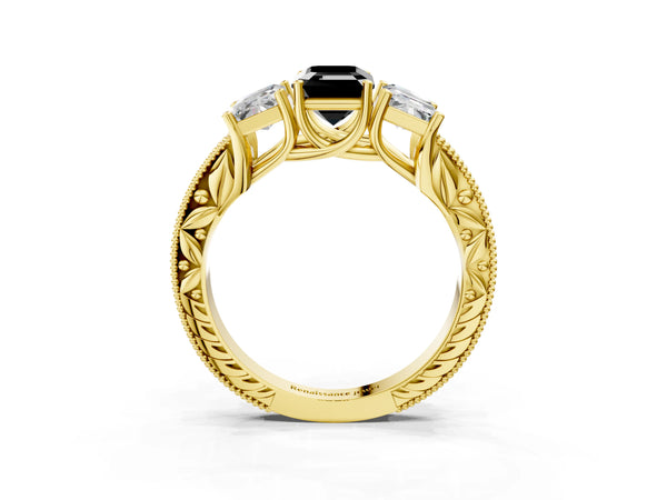 Yellow Gold Emerald Cut Engraved Three Stone Engagement Ring Setting for Black Center