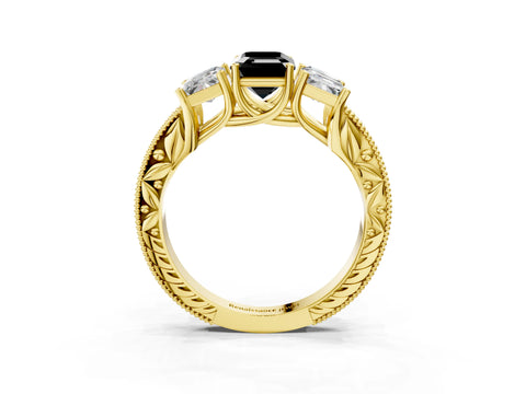 Yellow gold Three-Stone Fancy Black Emerald Cut Cut Milgrain Pavé Engagement Ring_27