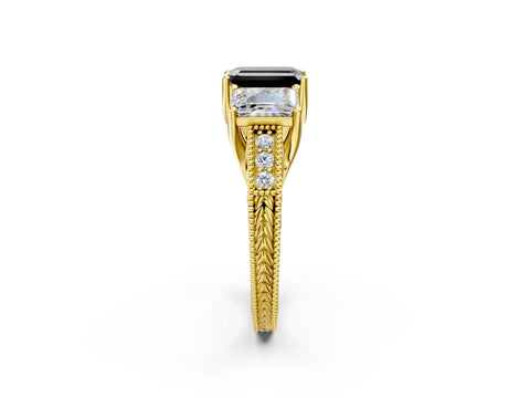 Yellow gold Three-Stone Fancy Black Emerald Cut Cut Milgrain Pavé Engagement Ring_2