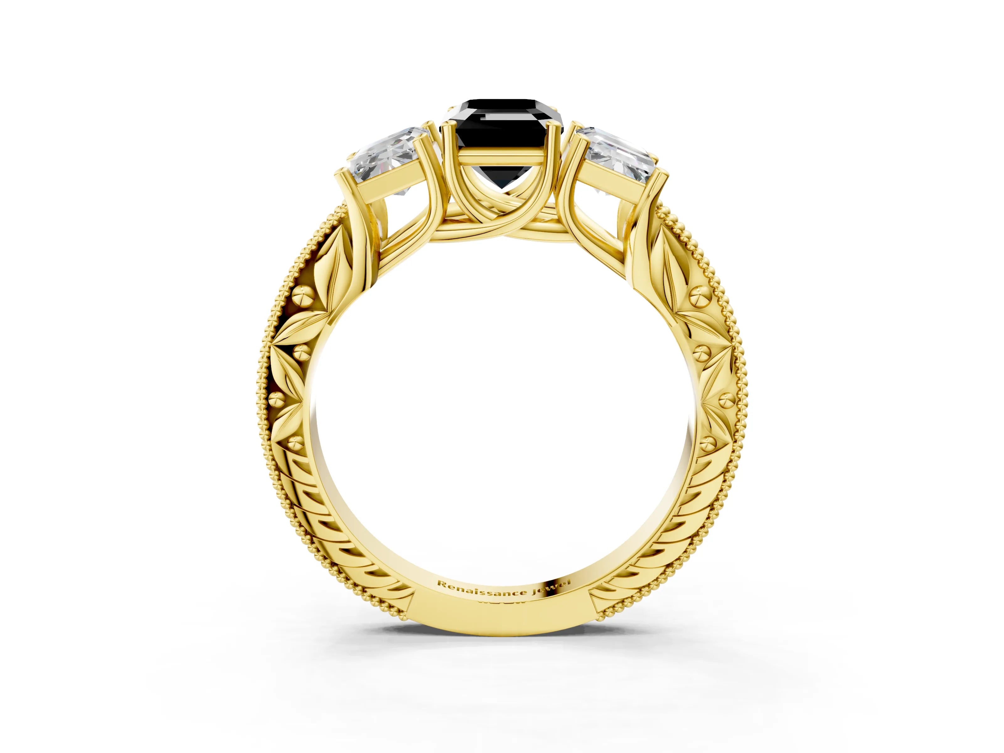 Yellow gold Three-Stone Fancy Black Emerald Cut Cut Milgrain Pavé Engagement Ring_3