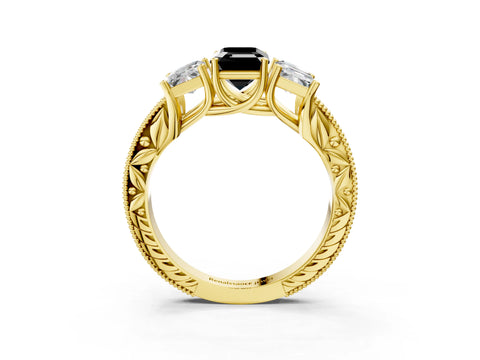 Yellow gold Three-Stone Fancy Black Emerald Cut Cut Milgrain Pavé Engagement Ring_3