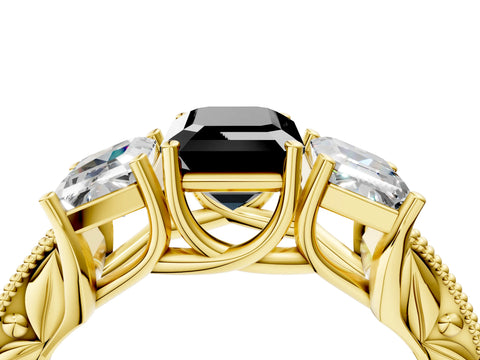 Yellow gold Three-Stone Fancy Black Emerald Cut Cut Milgrain Pavé Engagement Ring_4