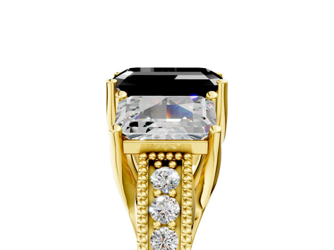 Yellow gold Three-Stone Fancy Black Emerald Cut Cut Milgrain Pavé Engagement Ring_5