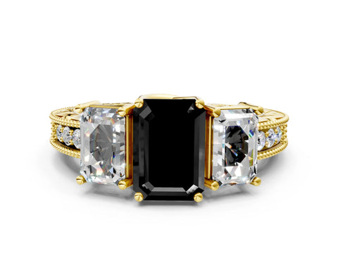 Yellow gold Three-Stone Fancy Black Emerald Cut Cut Milgrain Pavé Engagement Ring