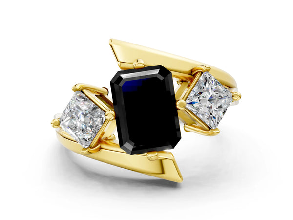 Yellow gold Three-Stone Fancy Black Emerald Cut Cut Tension Band Ring with Four-Prong Setting