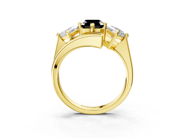 Yellow gold Three-Stone Fancy Black Emerald Cut Cut Tension Band Ring with Four-Prong Setting