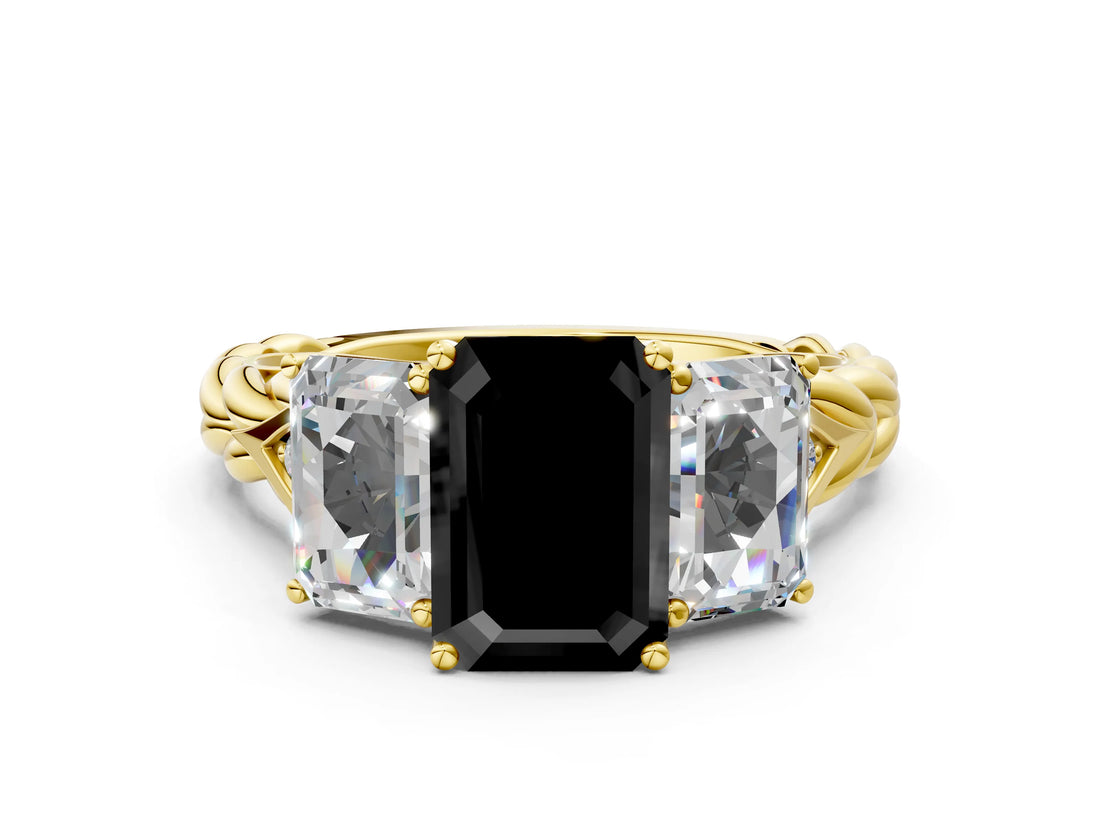 Yellow gold Three-Stone Fancy Black Emerald Cut Diamond Braided Band Ring with Four-Prong Setting_60