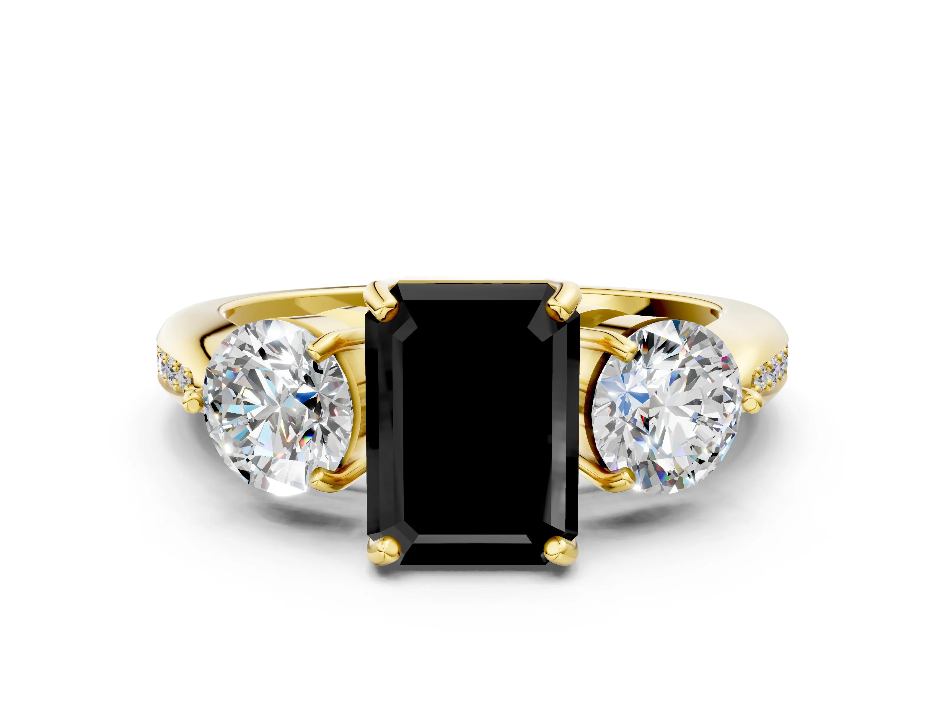 Yellow gold Three-Stone Fancy Black Emerald Cut Diamond Channel Set Engagement Ring with Prong Setting