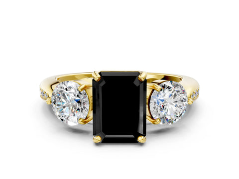 Yellow gold Three-Stone Fancy Black Emerald Cut Diamond Channel Set Engagement Ring with Prong Setting