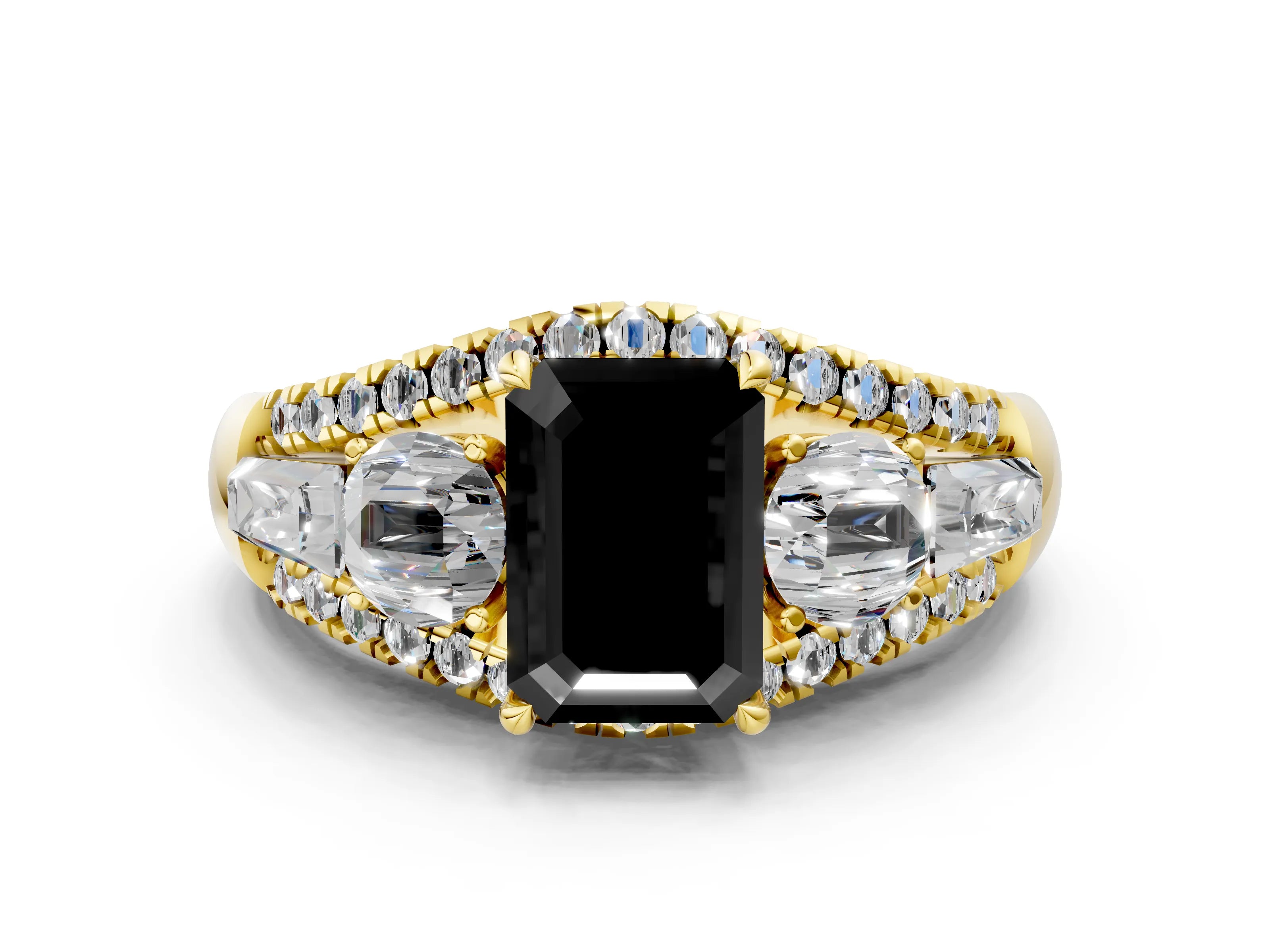 Yellow gold Three-Stone Fancy Black Emerald Cut Diamond Engagement Ring with Pave Band and Prong Setting_12