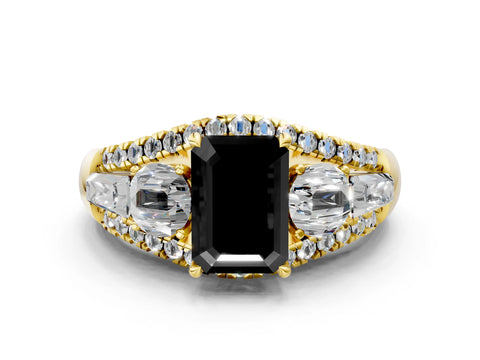 Yellow gold Three-Stone Fancy Black Emerald Cut Diamond Engagement Ring with Pave Band and Prong Setting_12