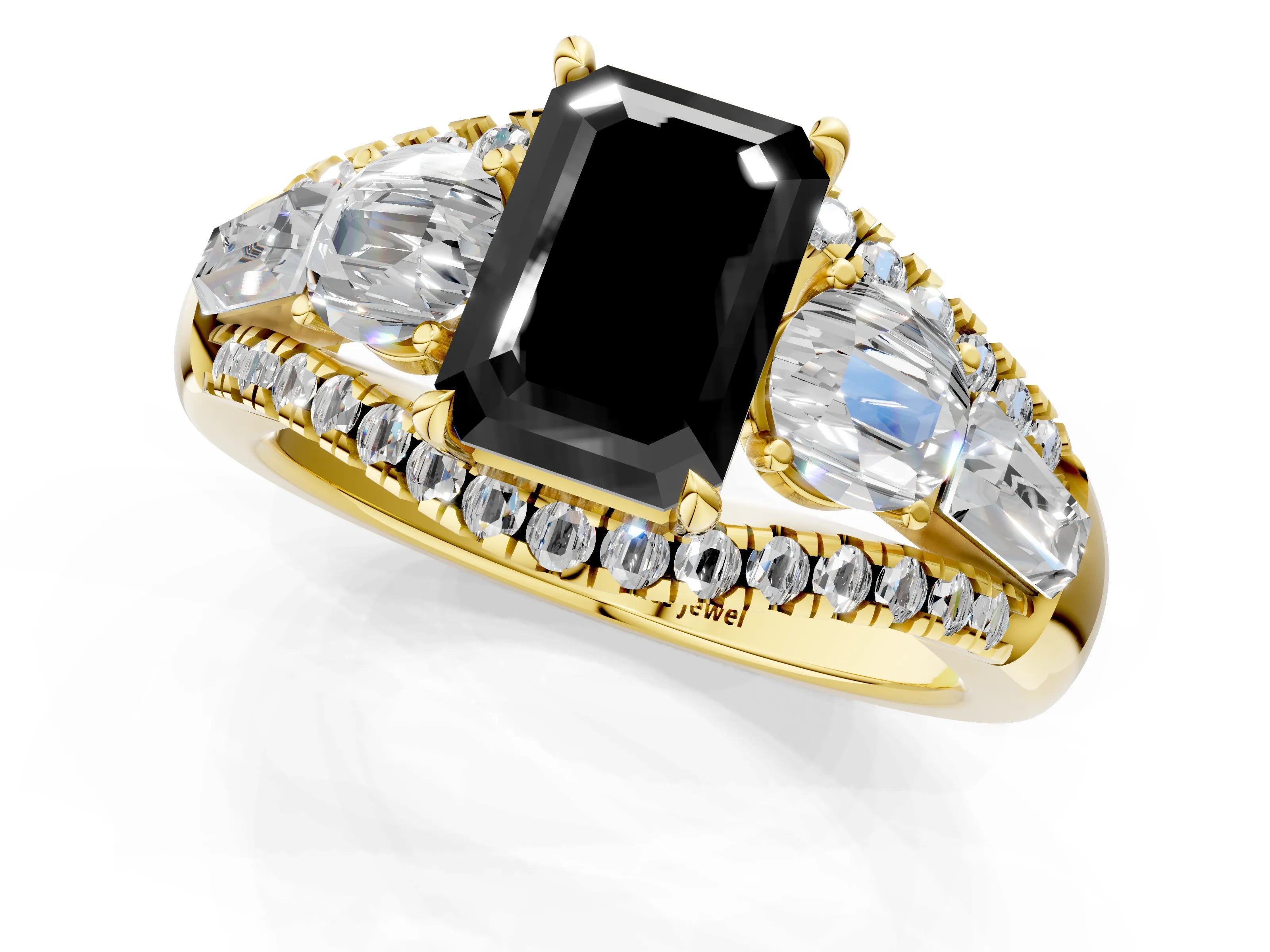 Yellow gold Three-Stone Fancy Black Emerald Cut Diamond Engagement Ring with Pave Band and Prong Setting_13