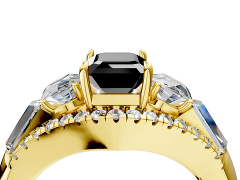 Yellow gold Three-Stone Fancy Black Emerald Cut Diamond Engagement Ring with Pave Band and Prong Setting_16