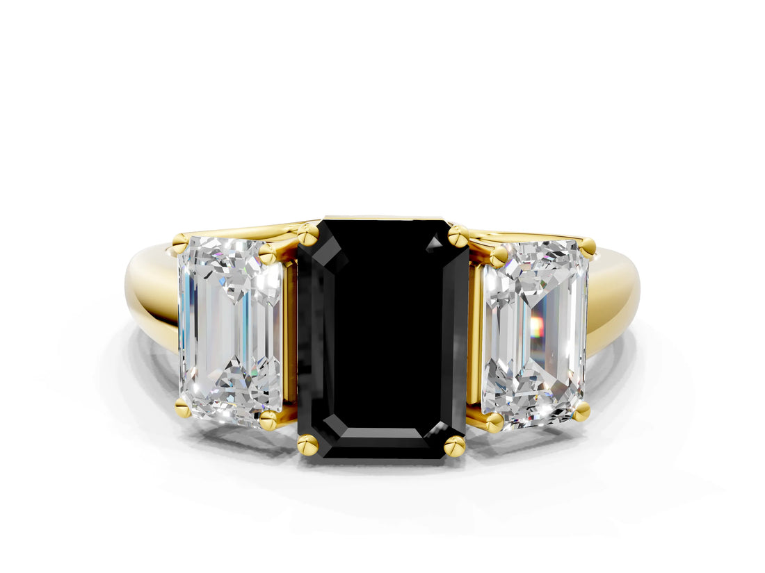 Yellow gold Three-Stone Fancy Black Emerald Cut Diamond Engagement Ring with Prong Setting_3