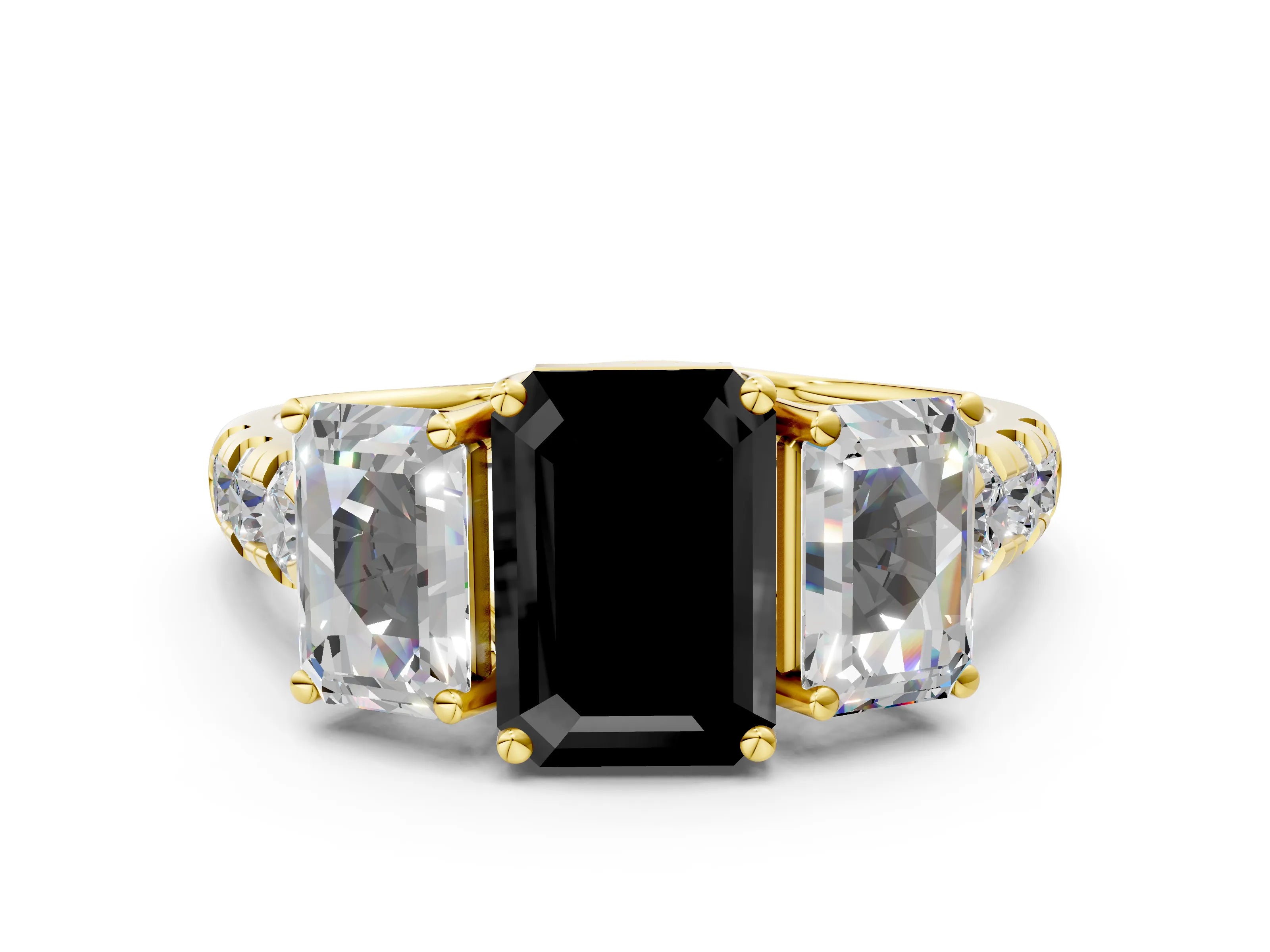 Yellow gold Three-Stone Fancy Black Emerald Cut Diamond Pavé Band with Prong Setting