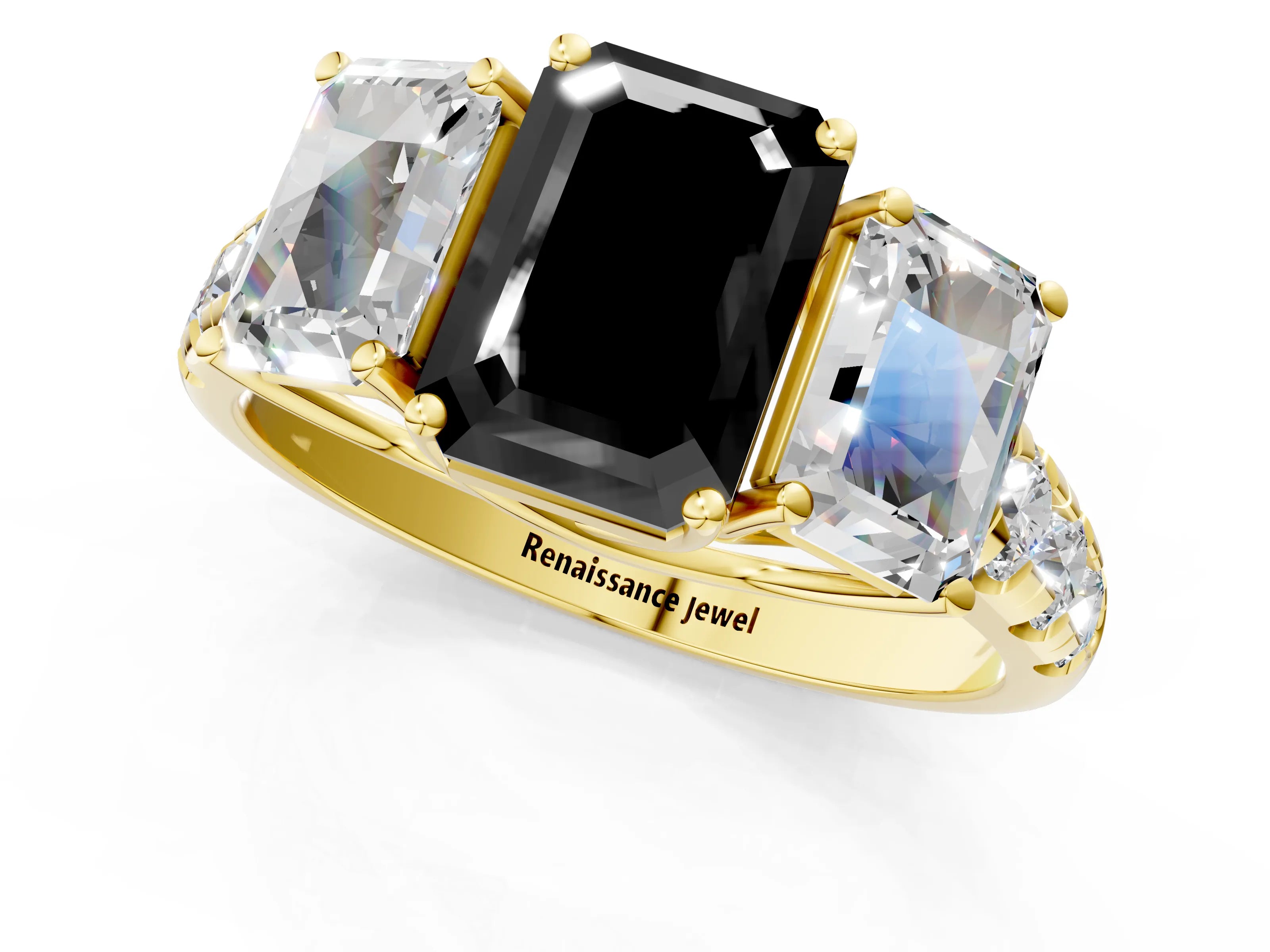 Yellow gold Three-Stone Fancy Black Emerald Cut Diamond Pavé Band with Prong Setting_1