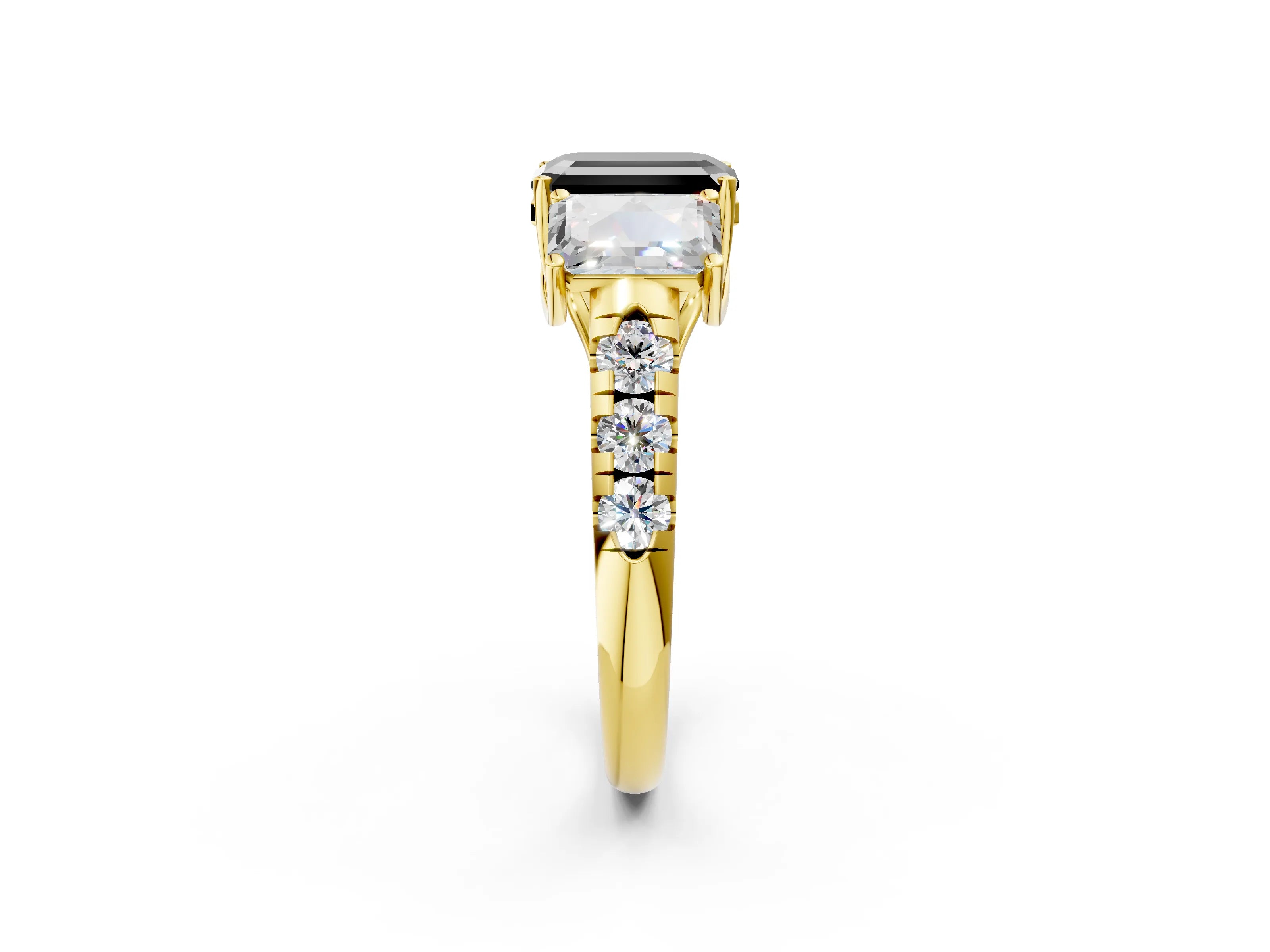 Yellow gold Three-Stone Fancy Black Emerald Cut Diamond Pavé Band with Prong Setting_2