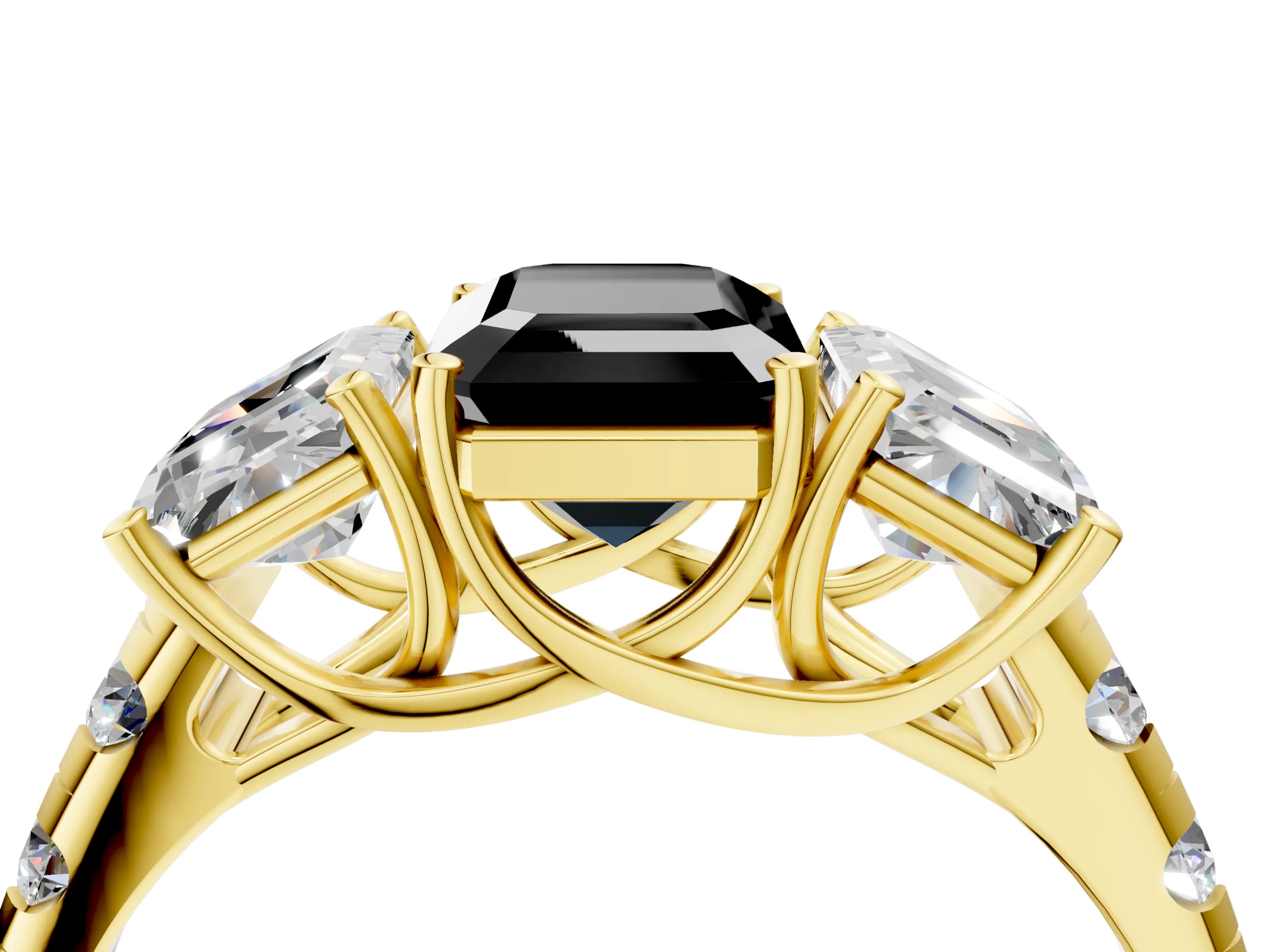 Yellow gold Three-Stone Fancy Black Emerald Cut Diamond Pavé Band with Prong Setting_4