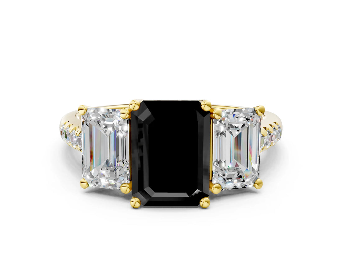 Yellow gold Three-Stone Fancy Black Emerald Cut Diamond Ring with Pavé Band and Prong Setting_24