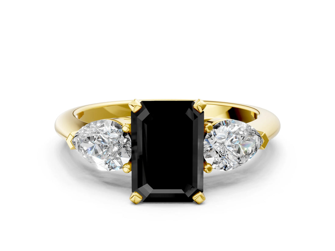 Yellow gold Three-Stone Fancy Black Emerald Cut Diamond Ring with Pear Side Stones and Four-Prong Setting